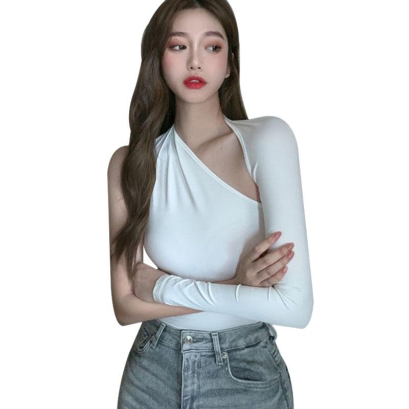 

Женские футболки с косыми плечами, асимметричные топы, узкая футболка без бретелек One Size