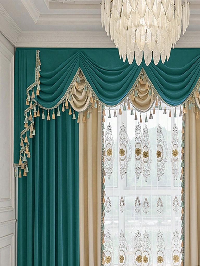 1Pcs European Luxury Tassel Curtain Set: Velvet Blackout + Embroidered Sheer, Court-style Valance, Home Decor