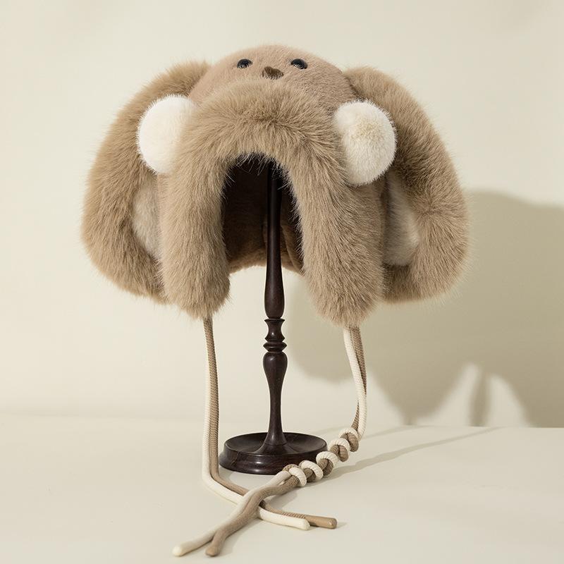 New Versatile Cute Long Ear Blush Rabbit Plush Hat for Women In Autumn and Winter Cold Protection and Warm Ear Protection Lei Feng Hat