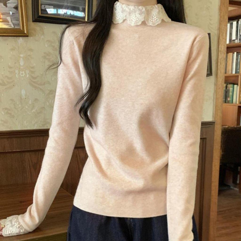 Korean Lace Patchwork High Neck Sweater - Slimming & Flattering Long Sleeve Top for Women