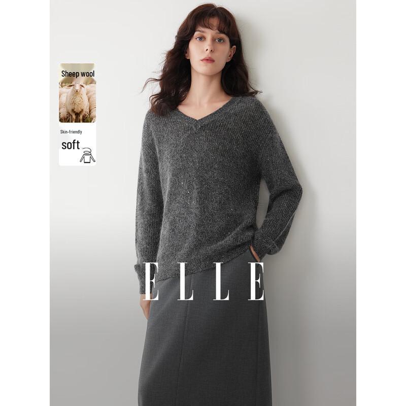 ELLE Women s Deep Gray Merino Mohair V-Neck Sweater M