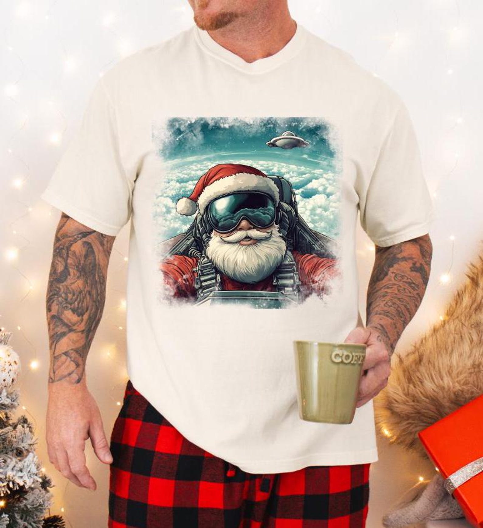 Ace Pilot Santa UFO T-Shirt, Funny Christmas Shirt, Holiday Gift, Christmas Gift, UFO, UAP lover T Shirt, Holiday Pilot Tee L