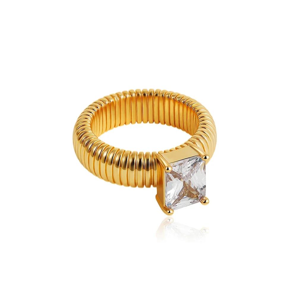 Anelli Placcati Oro 18K Impermeabili Cristallo Multicolore Texture a Strisce Chunky Anello Nuziale Quadrato Lucido Delicato Zircone Gioielli Punk