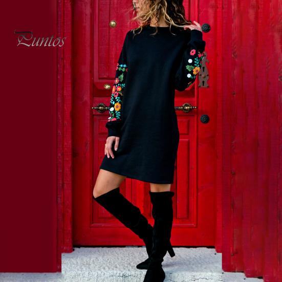 Frühlingskleid, Minikleid mit Blumenstickerei, langärmelig, Rundhalsausschnitt, lockeres Sweatshirtkleid für Verabredungen, Pendeln, Reisen