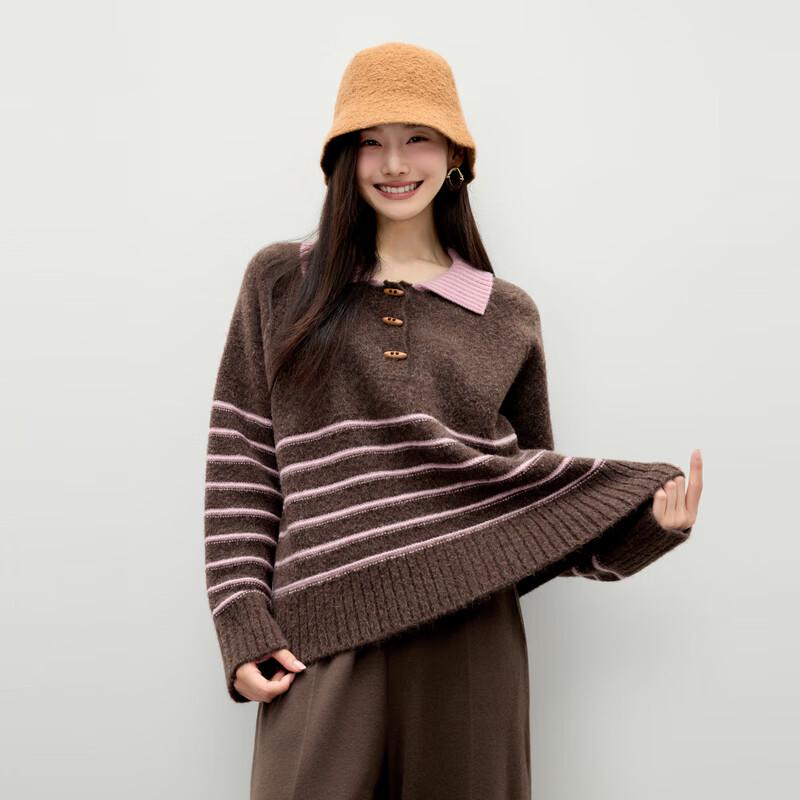 Qiushui Yiren Women s Classic Striped Lapel Knit Sweater L