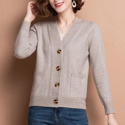 Cardigan lavorato a maglia da donna primavera autunno scollo a V chiusura con bottoni maniche lunghe tinta unita cappotto da donna di mezza età Top streetwear