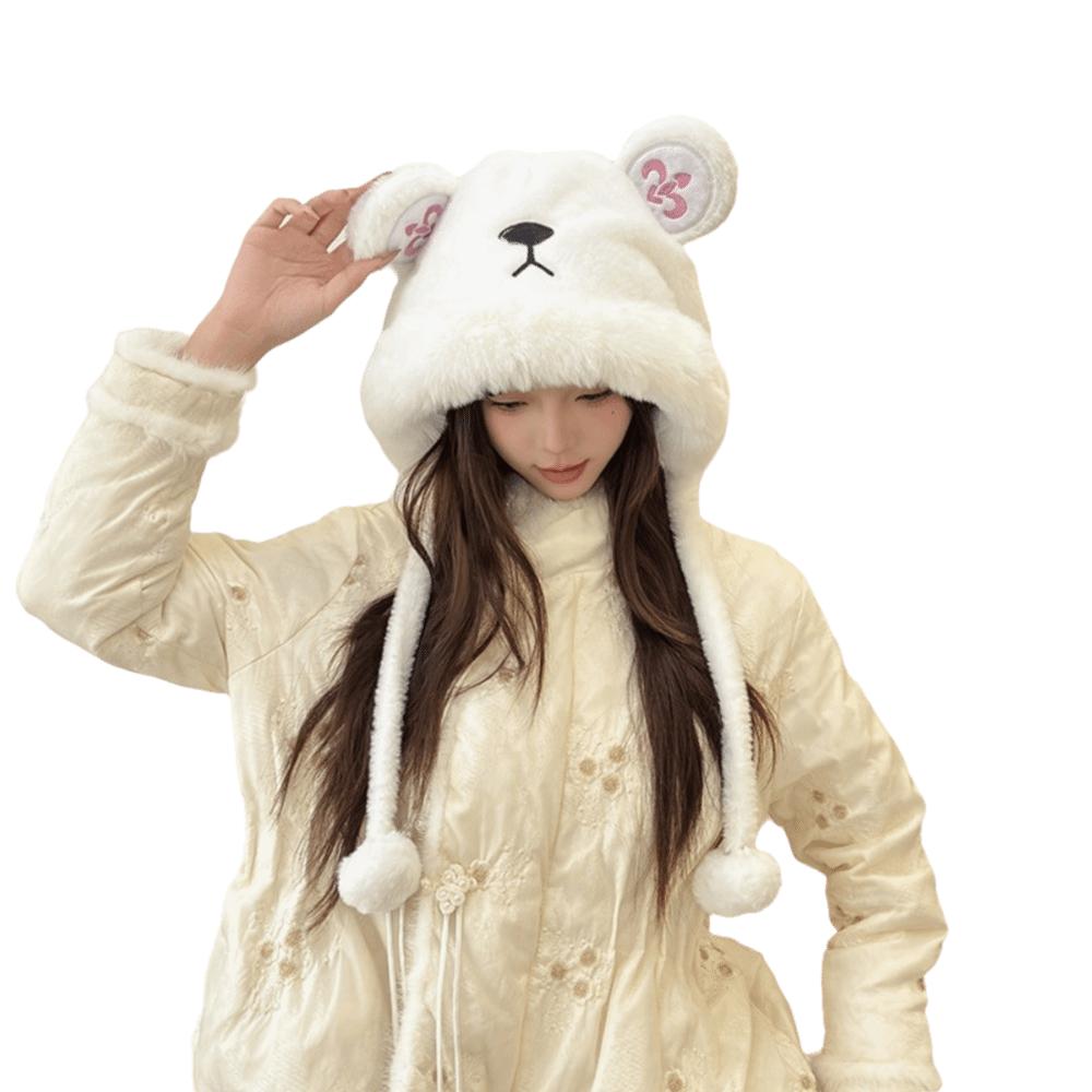 Cute Winter Warm Hat Thickened Windproof Beanies Cap Bear Ear Embroidery Keep Warm Bucket Hat Outdoor белый