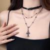 Black Gemstone Cross Titanium Steel Necklace for Women, Unique High-end Design, Double-layer Stacking, Men's Accessories