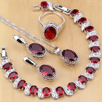 Natural 925 Silver Jewelry Red Birthstone Charm Jewelry Sets Women Earrings/Pendant/Necklace/Ring/Bracelets
