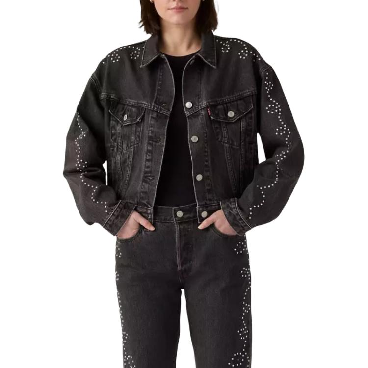Levis Studded Single Button Long Sleeve Loose Short Denim Jacket Women jackets A9456-0003