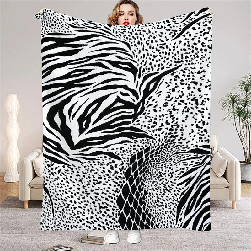 Animal Print Flannel Throw Blanket Black And White Zebra Leopard Snake Pattern Warm Blanket For Living Room Sofa Bed Decor