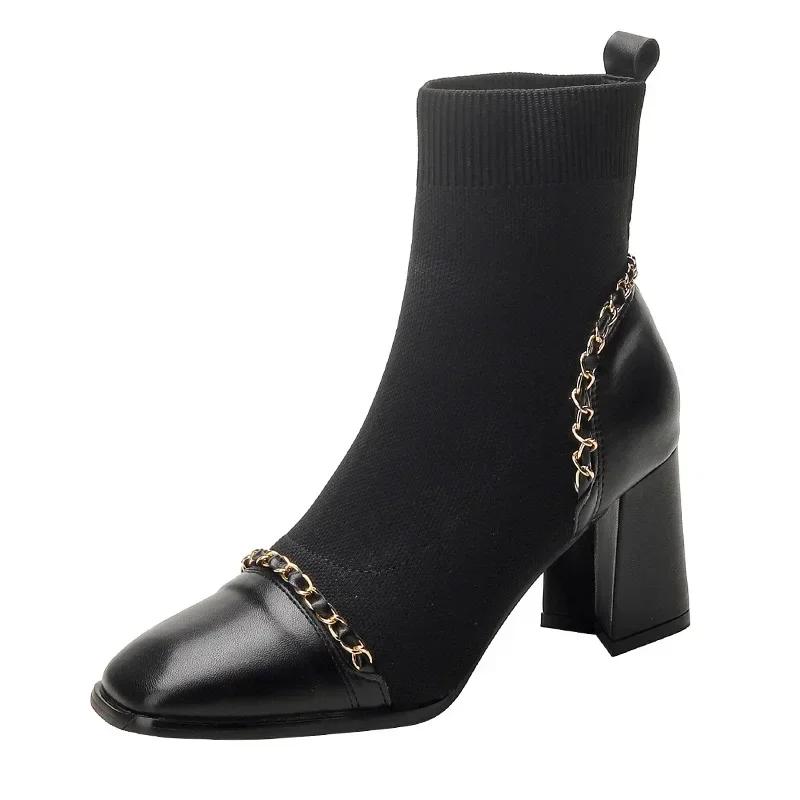 Fashion Autumn Women Knit Ankle Boots Fashion Slip On Slimming Short Booties Autumn Winter Female Thick Heel Shoes