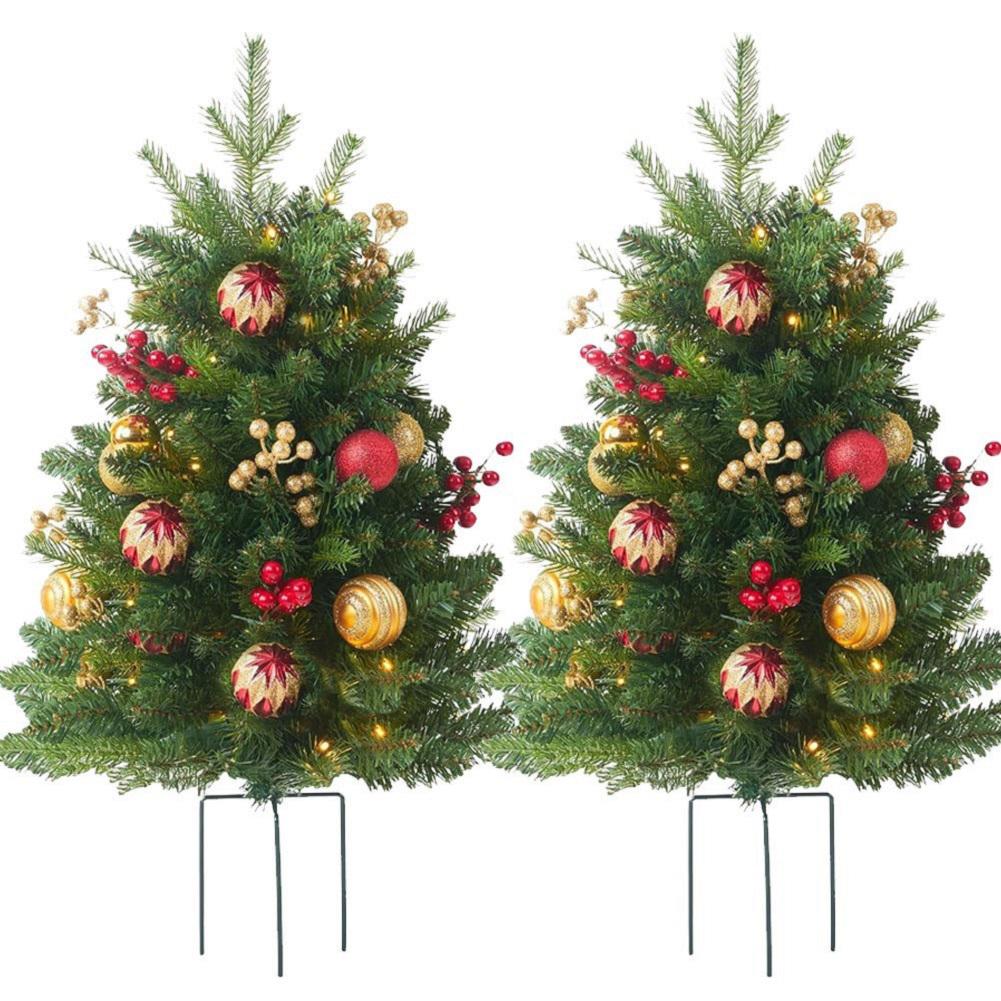2Pcs Christmas Tree with Tripod Stake Pre Lit Christmas Planter Bushes Battery Operated Holiday Planter Filler for Home Decor