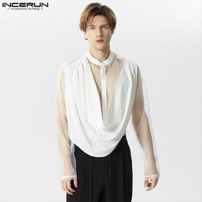 Men Long Sleeve Button Up Casual Patchwork Mesh Sheer Tops