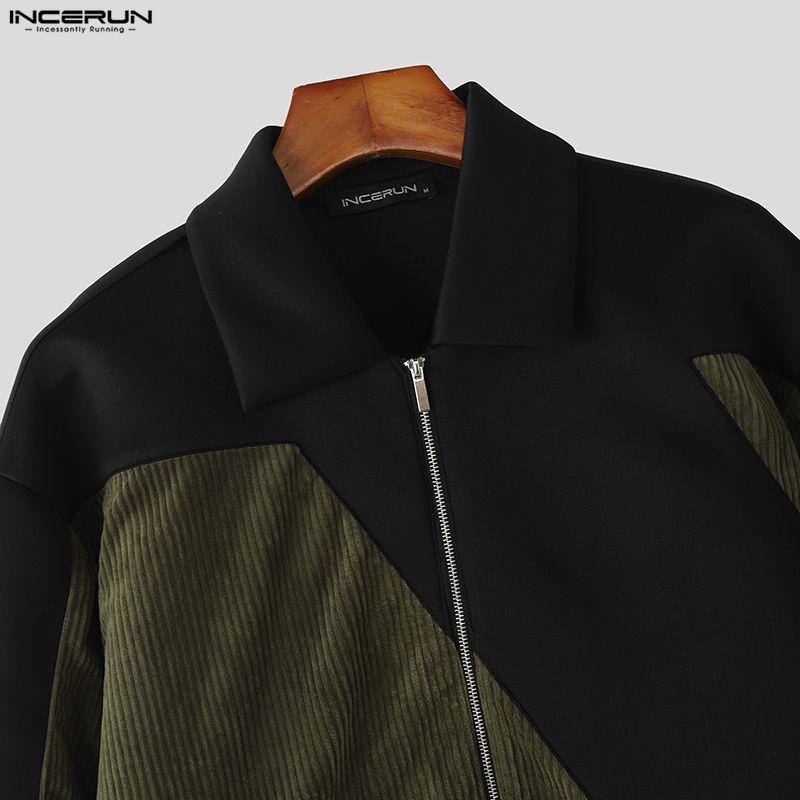 INCERUN Men Long Sleeve Zip-up Stitching Casual Corduroy Coats Jackets