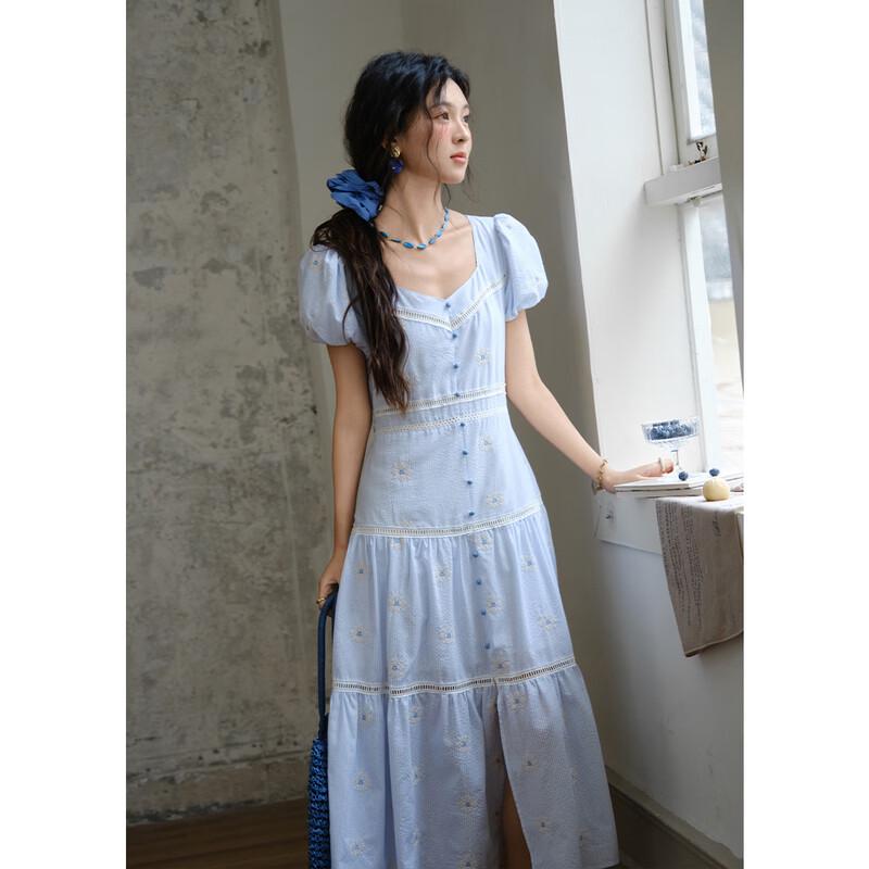 French Sweet Embroidered Puff Sleeve A-Line Dress