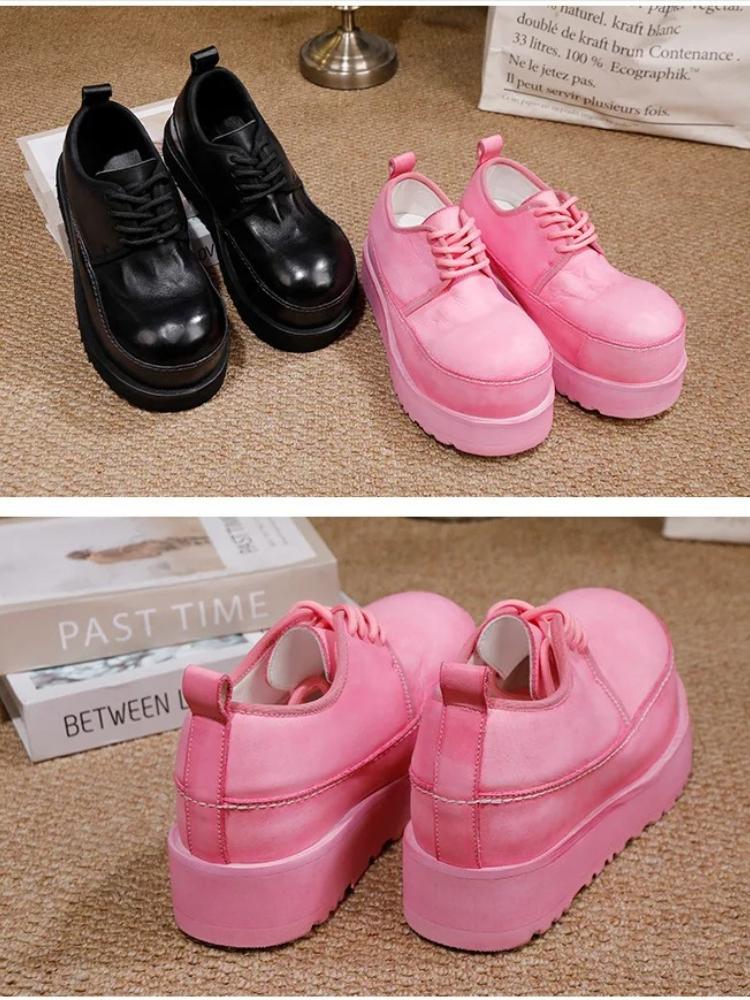 Johnature Höhensteigernde Dicksohlige Schuhe Schnürung Echtes Leder Bequeme Damen High Heel Pumps