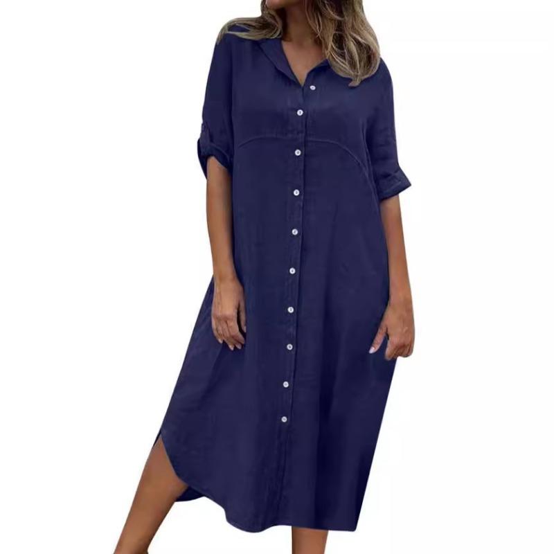 New Solid Color Cotton and Linen Shirt Dress