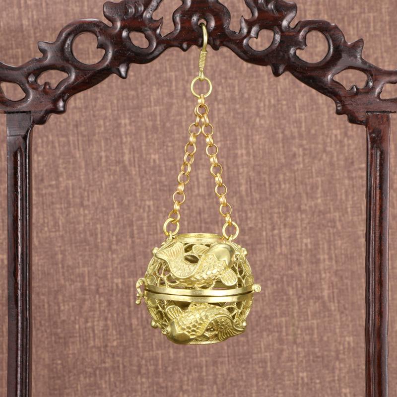 

Useful Multipurpose Pure Brass Household Car Hollow-out Hanging Incense Burner with Chain Round Aromatherapy Censer for Home