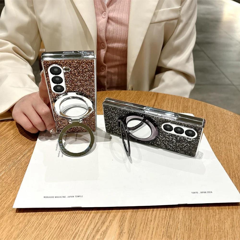 Luxurious Fashion Glitter Mirror Stand Magnetic Phone Case for Samsung Galaxy Z Fold 7 6 5 6 4 Plating Bling Diamond Back Cover