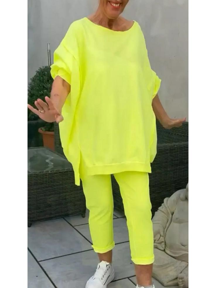 2025 Women's Casual Solid Color Long Sleeve Top and Pants Set - European & American Style