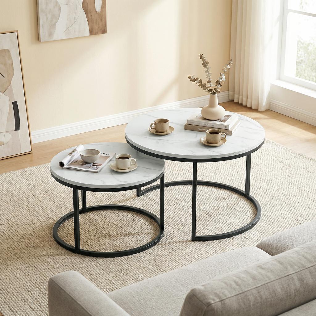 Set Of Two Marble Effect Stacking Tables White