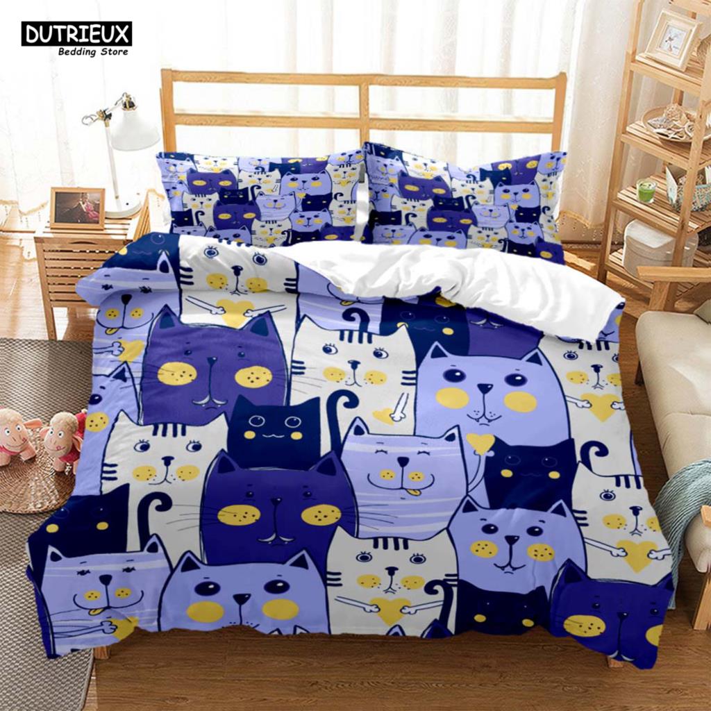 Cute Cat Print Quilt Cover Pillow Cover  Bedding Set Luxury Queen Bedding Set Cute Style Customized  children‘s  Bedding Set
