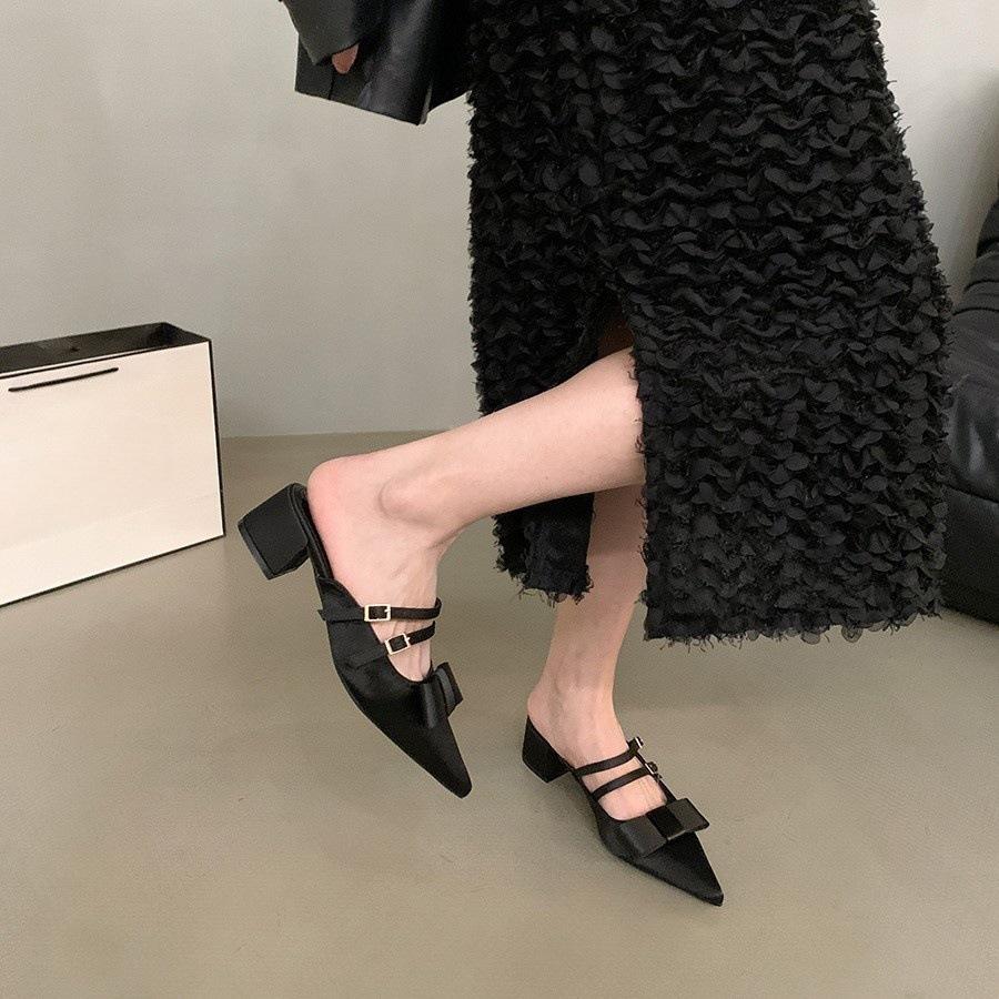 Pointed Toe Sandals Bow New French Thick Heel Bag Head Half Slippers Women's Shoes 2025 Summer Mary Jane Outer Wear