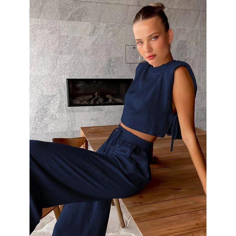 

European and American Fashion Set Shoulder Pad Sleeve Top + Pocket Wide Leg Pants Two-piece Set Women Pants Two-Piece Set Dark blue M