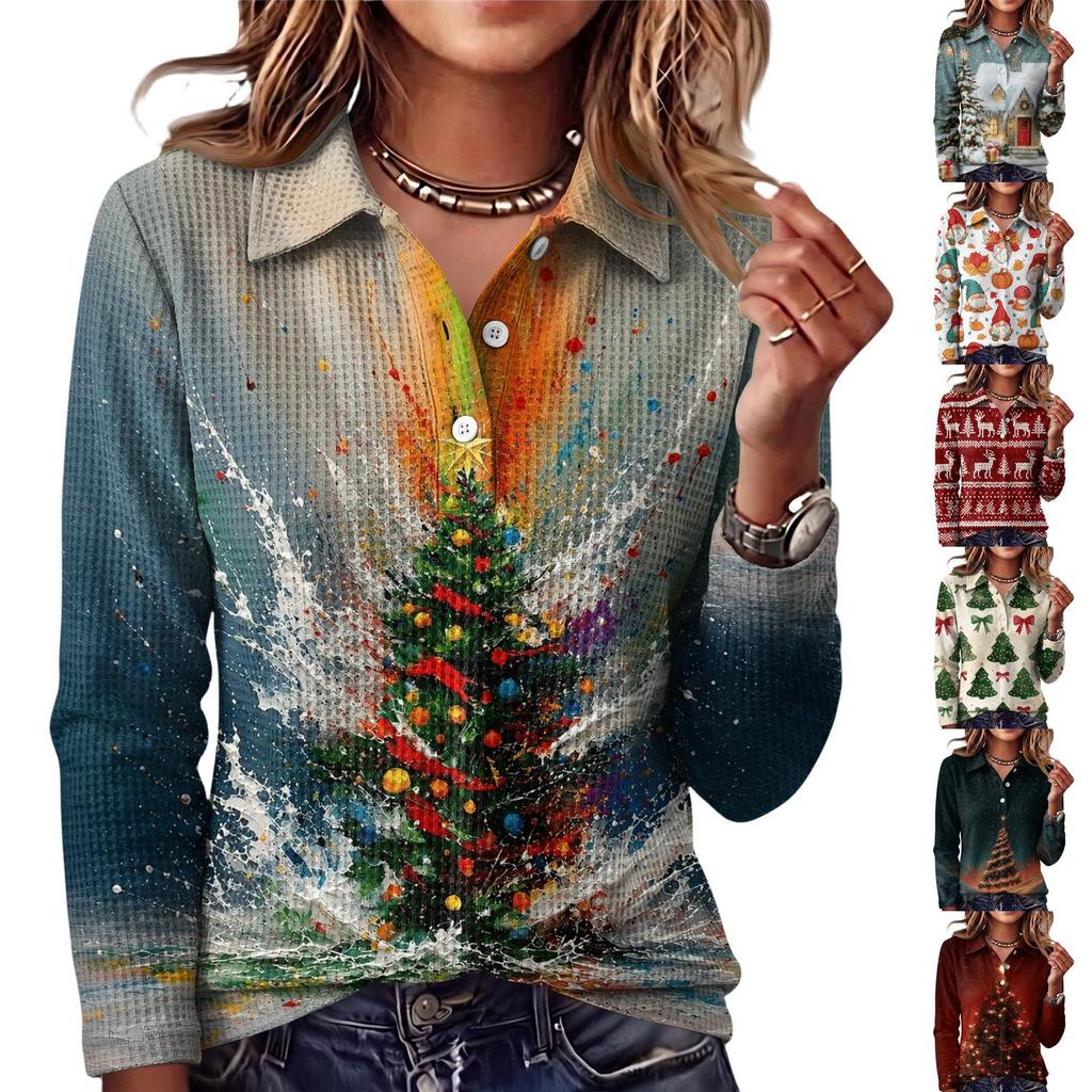 Women's Fashion Casual Button Front Long Sleeve Christmas Top with Collar