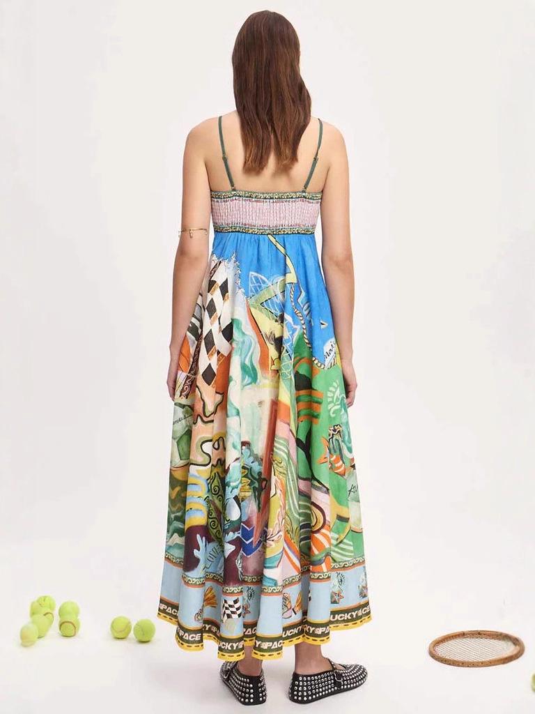2025 Sommer Damen Ärmelloses Spaghettiträgerkleid - Graffiti Leinen mit großem Saum