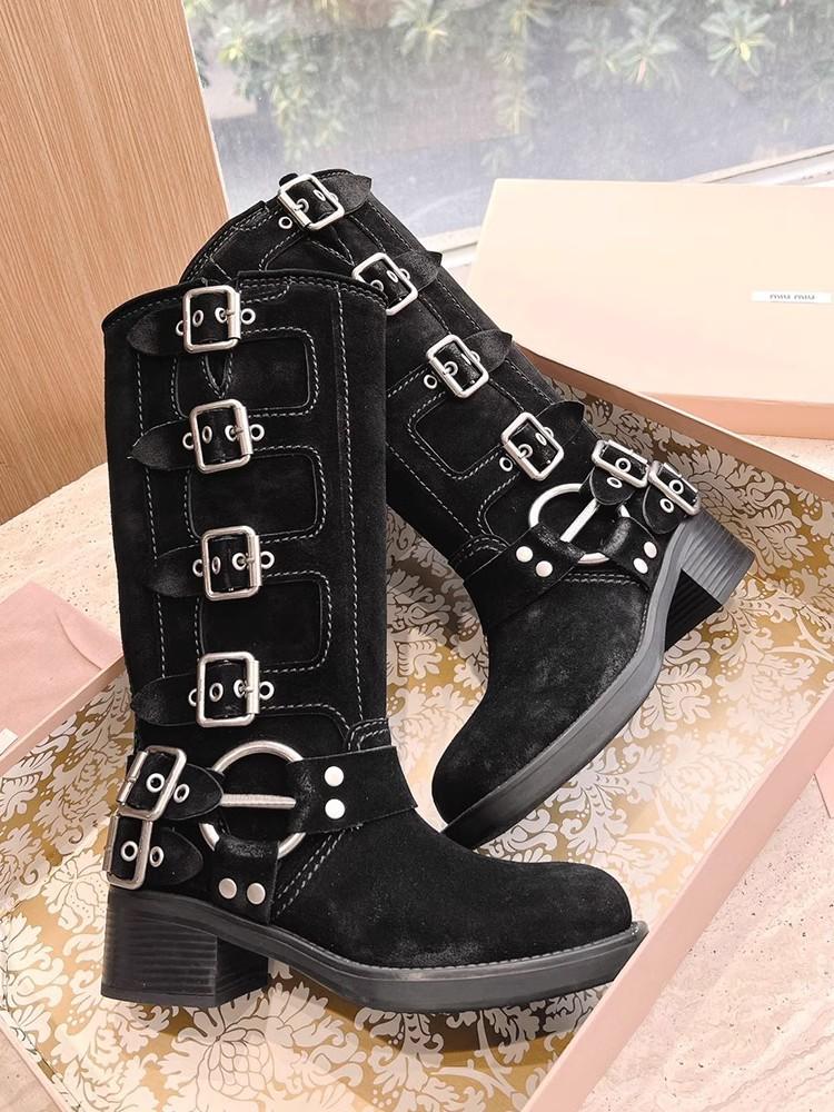 Fashion Comemore Chunky Heel Buckle Vintage Fashion Motorcycle Knee High Mid Calf Boots Shoes Leather New Platform Biker Boots for Women