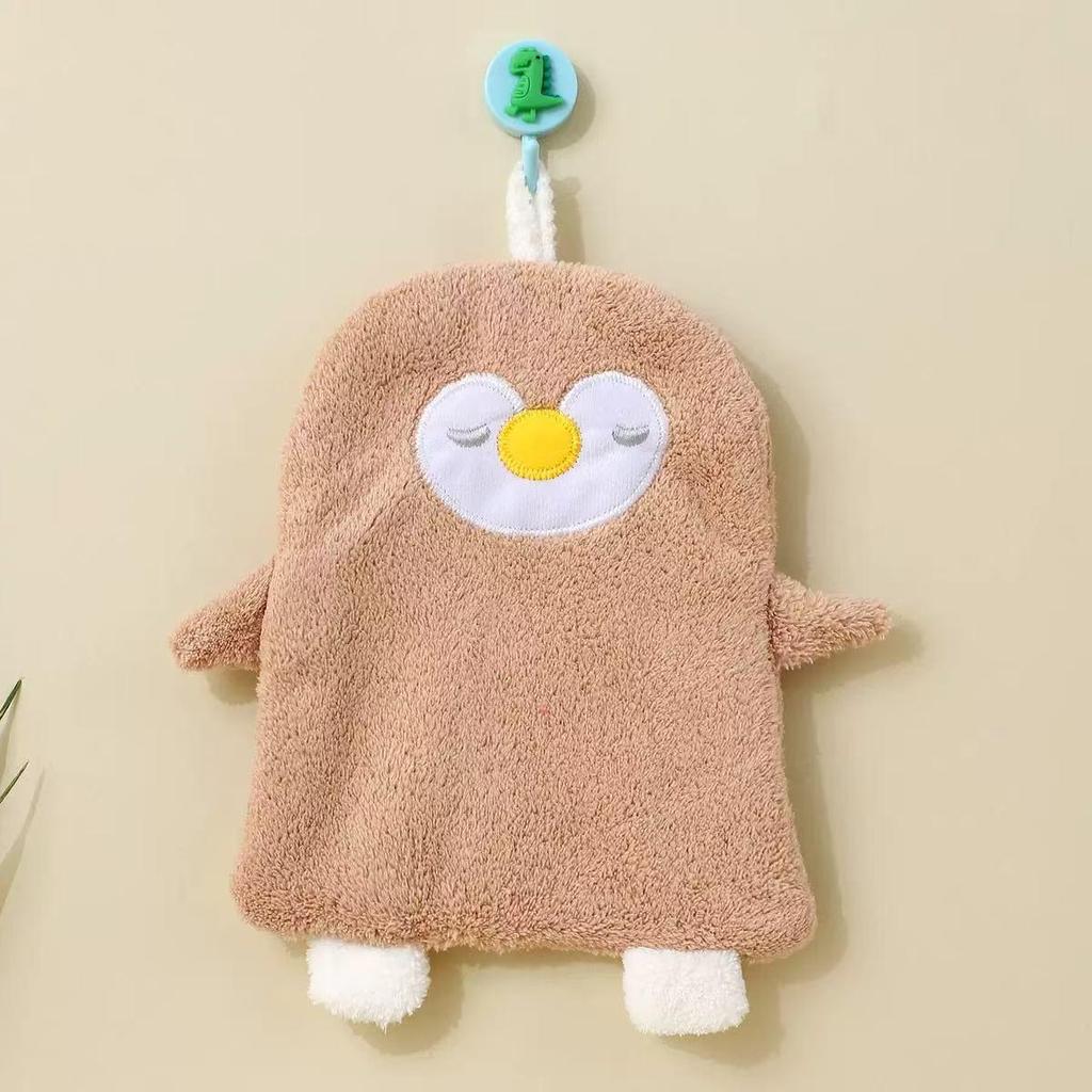 Cartoon Embroidered Coral Fleece Hand Towel with Strong Water Absorption, Thickened Hanging Style for Kitchen Use.