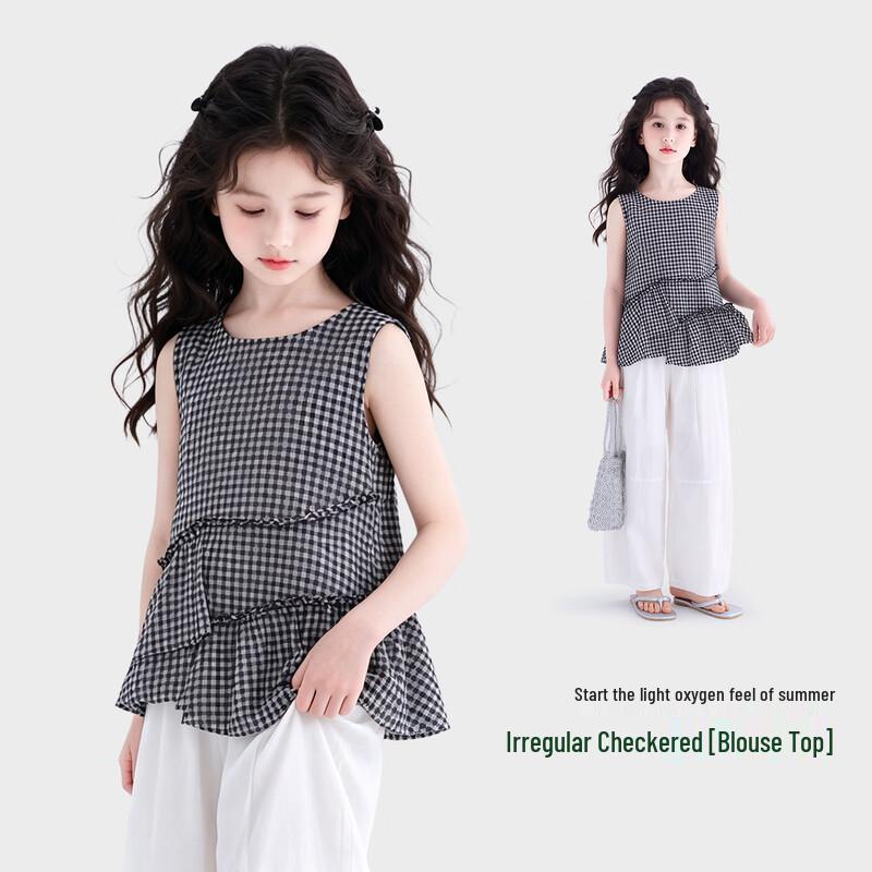 Tutuxiaoxiang Girls  Summer Irregular Plaid Sleeveless Top 130