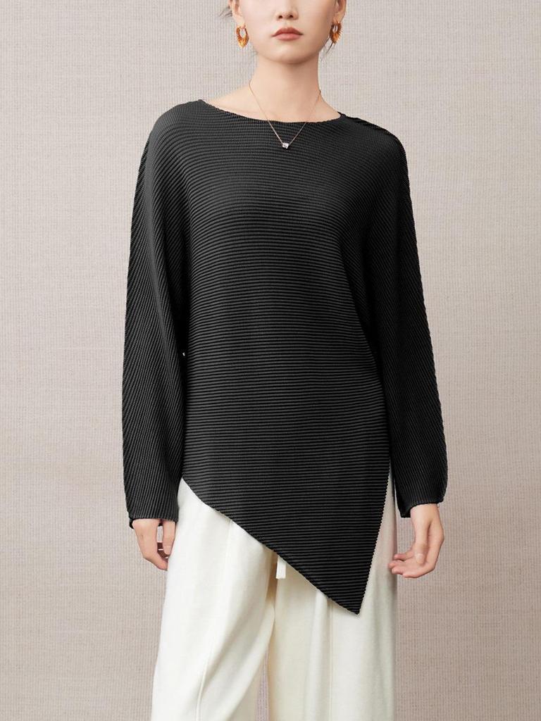 Women's Irregular Long-Sleeve T-Shirt - 2025 Autumn Style, Loose Fit, Slimming, Split & Pleated Base Layer.