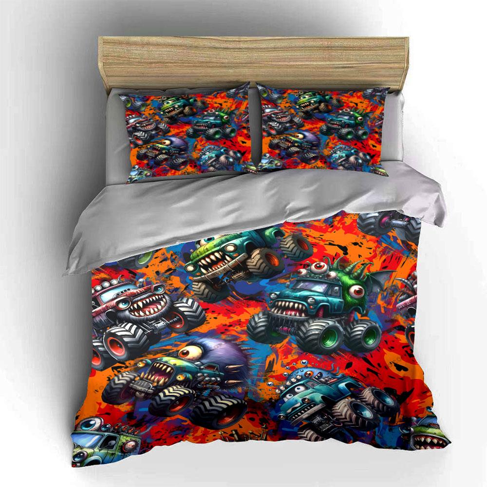 Monster Truck Themed Bedding Set Perfect For Bedrooms Decor. Exquisite Three-Piece Bedding Set Gift For Kids And Adults