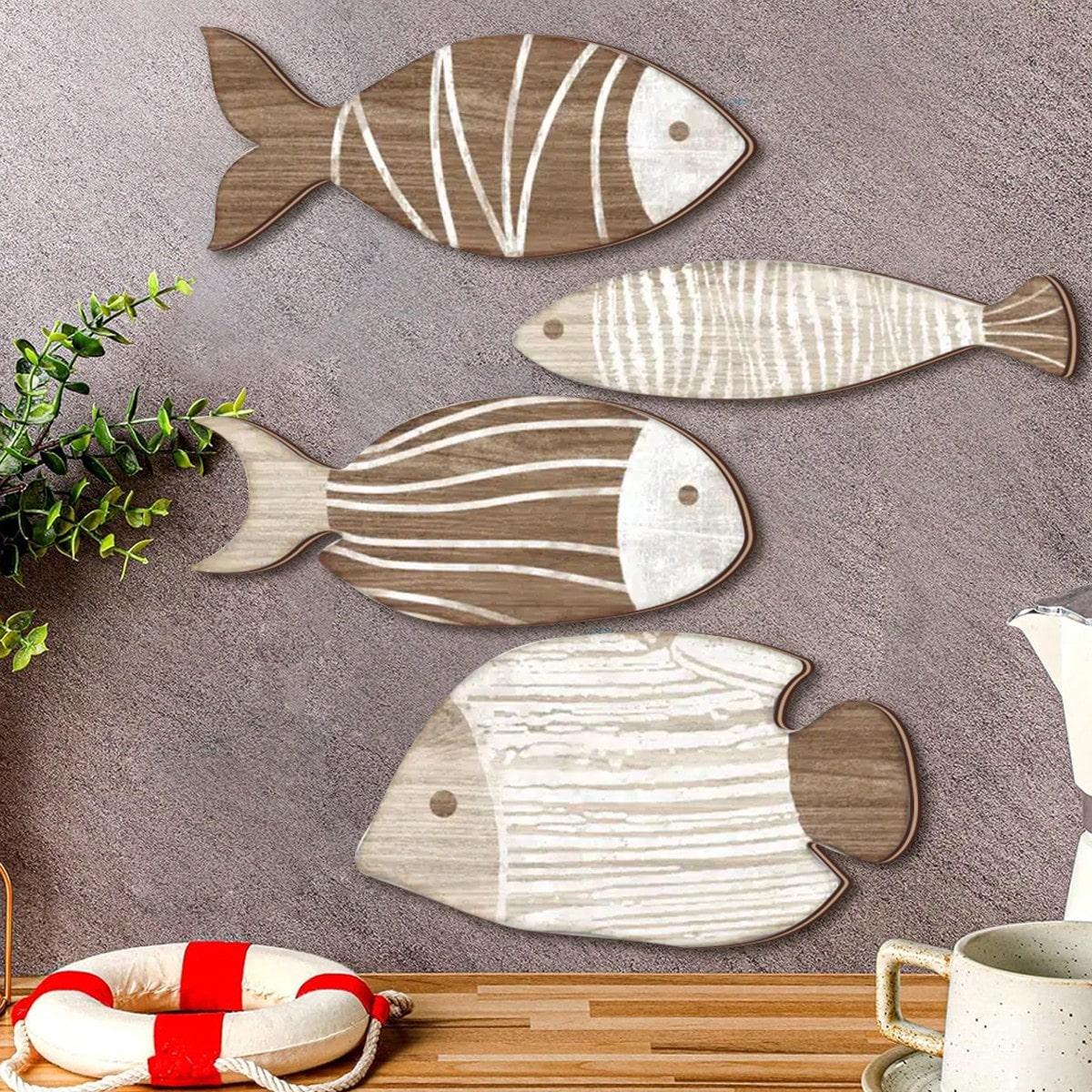 Lcauto Parts Multicolour Wooden Fish Wall Decor Beach Nautical Coastal Theme Fish Wall Sculpture Wood School Of Fish Wall Art Lake House Ocean Decor Vintage Ornaments Multicol