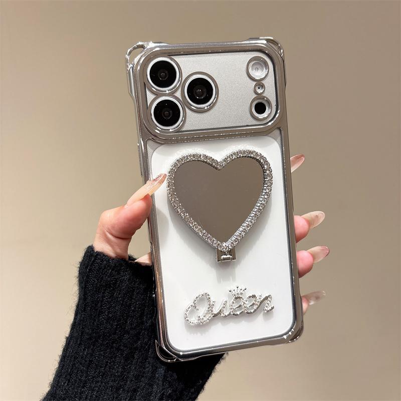 Luxurious Rhinestone Heart Mirror Kickstand Phone Case For iPhone 11 12 13 14 15 16 17 Pro Max 14 15 16 Plus 17Pro Air Y2K Cover