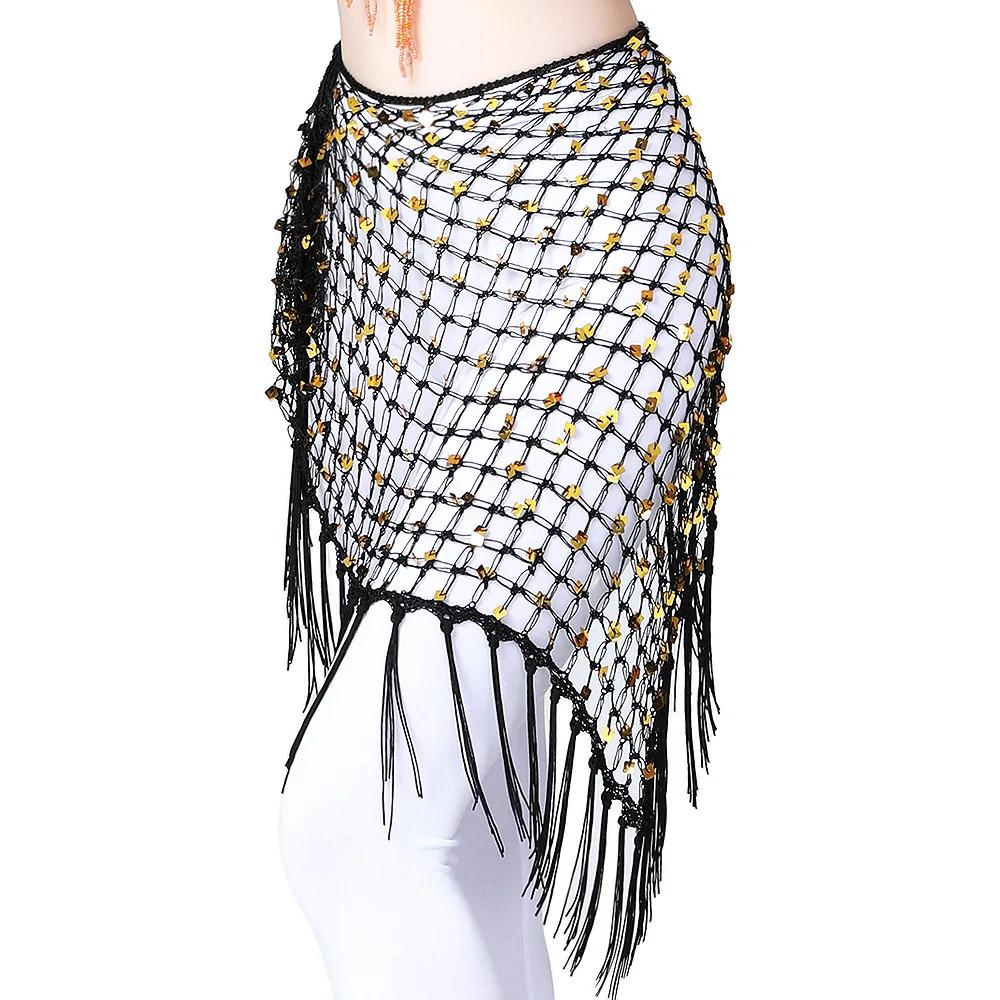 BellyDance Accessories for Women Long Tassel Belt Elastic Triangle of Hand Crochet Belly Dancing Hip Scarf Sequins Girls Belt