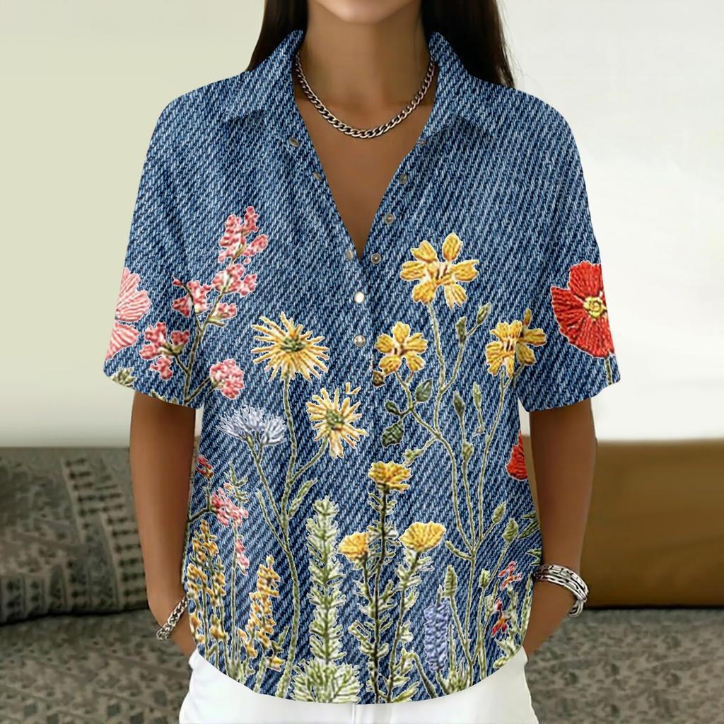 Women's Vintage Floral Print Short Sleeve T Shirt Loose Fit Button Down Polo Collar Linen Blend Casual Top
