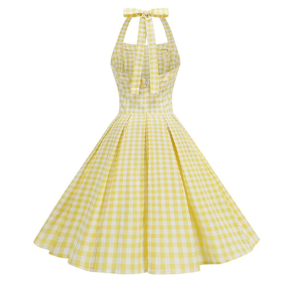 Checked, off-the-shoulder, figure-hugging, edgy, backless, sexy, pleated, vintage halter-neck dress