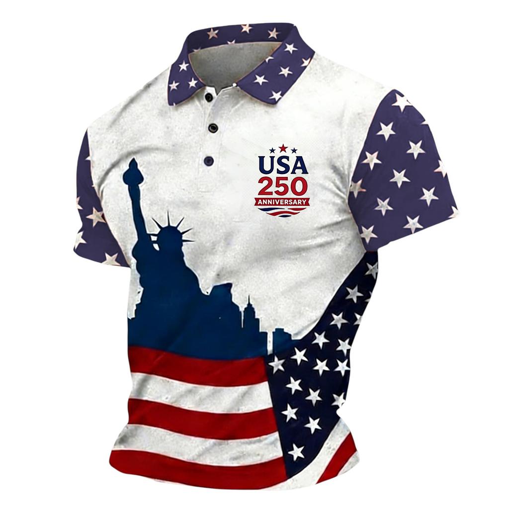 Men Short Sleeve Polo Shirt USA 250 Anniversary Print Casual Button Down Knit Top