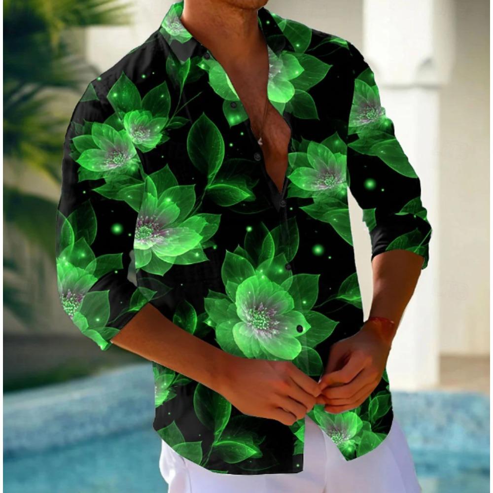 Men's Flower Printed Long Sleeve Shirts Casual Cardigan New Button Holiday Fashion Shirts