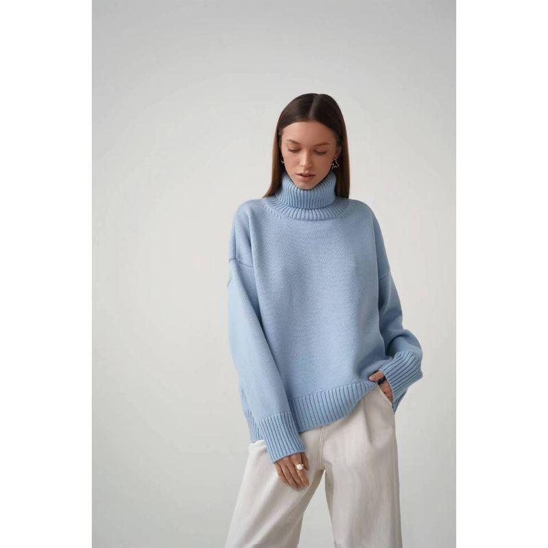 New Arrival Fall and Winter Plaid Loose All-Matching Graceful Pullover Turtleneck Sweater Turtleneck Loose Sweater