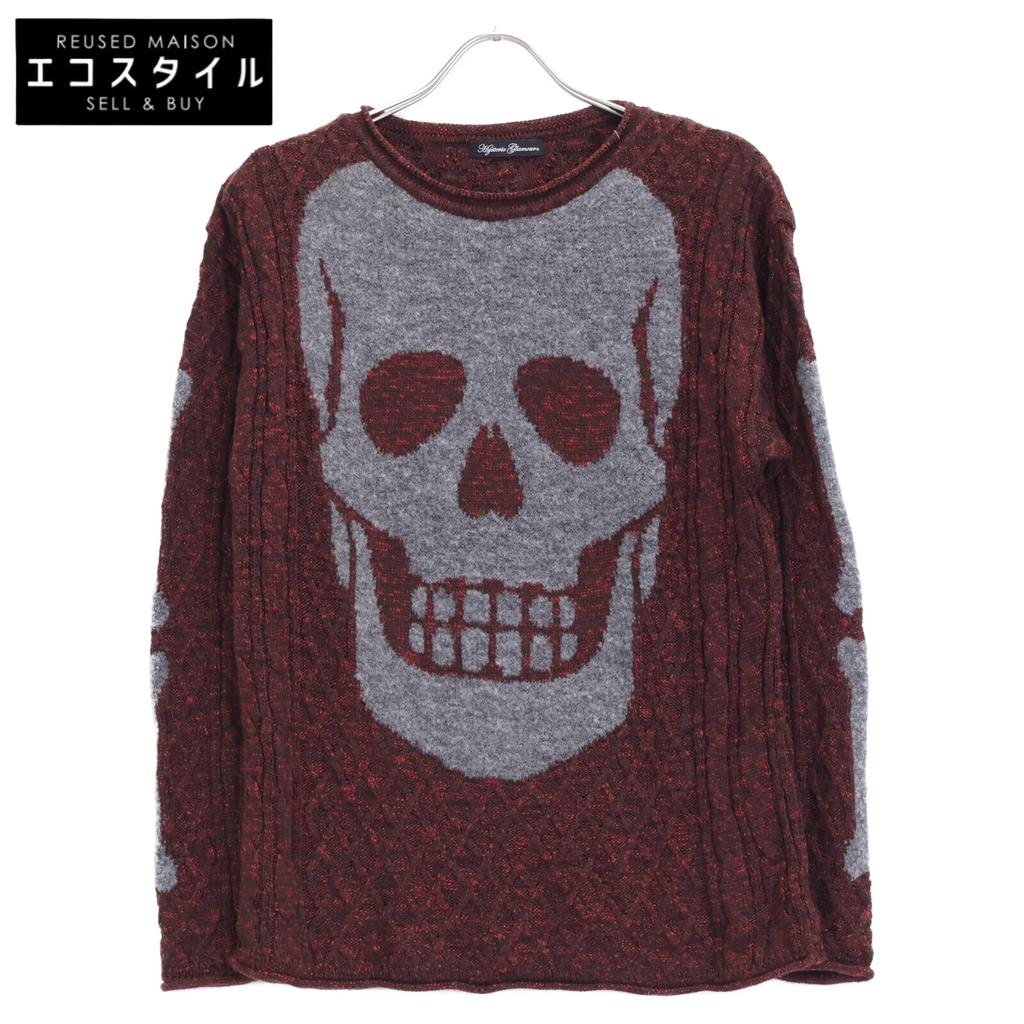 HYSTERIC GLAMOUR Red 01173NS04 SKULL Cable Braid Pullover Tops FREE Bordeaux grayUsed