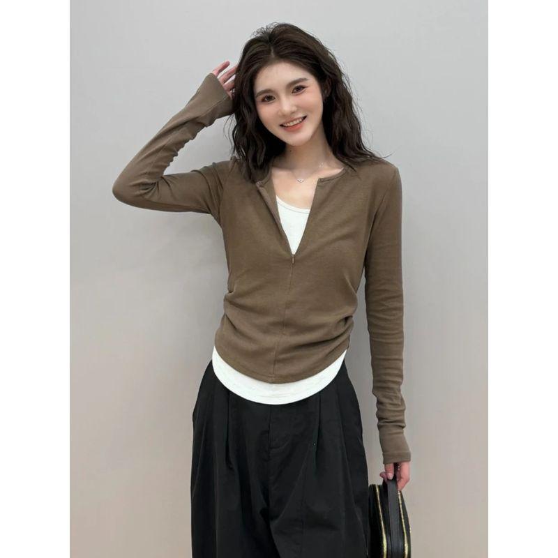 

European Goods V-neck Patchwork Early Autumn Silm Long Sleeves Fake Two-Piece Curry XL