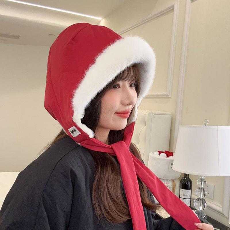 Thickened Down Cotton Velvet Hat Ear Protection Cold Proof Baroque Cap Strap Hat Warm Hat красный
