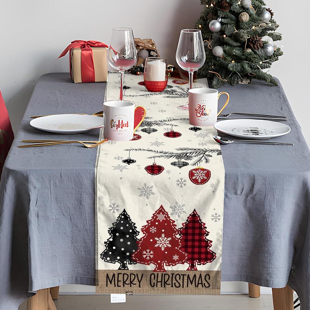 72 X 13 Inch Christmas Table Runner – Red and Black Plaid Christmas Tree and Ornament Holiday Table Decoration with Snowflakes for Dining Room,