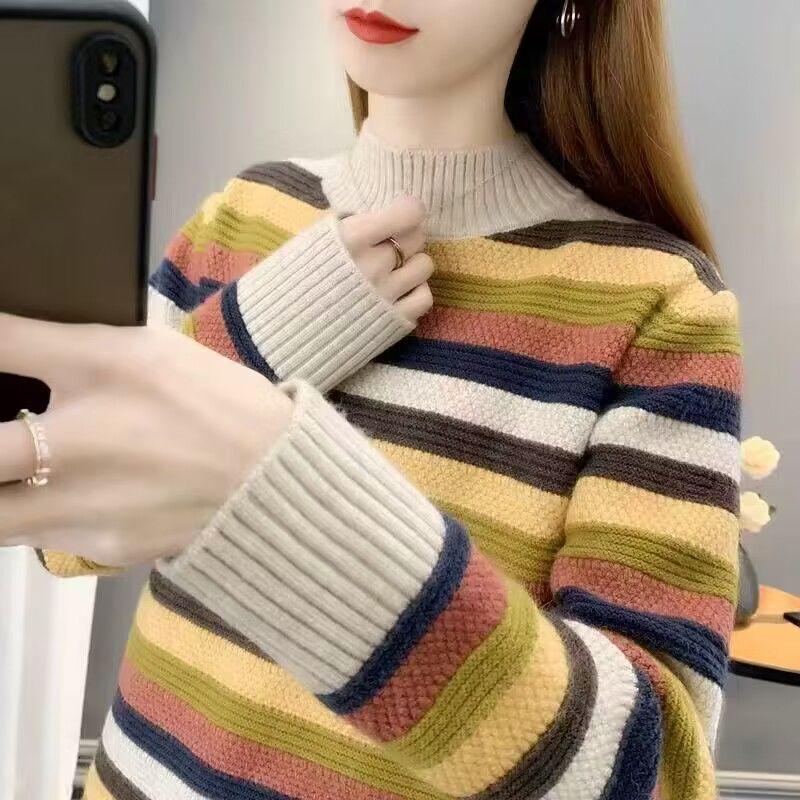 New 2025 Striped Knitted Women's Sweater: Thick, Half High Collar, Autumn-Winter Loose Fit Top.