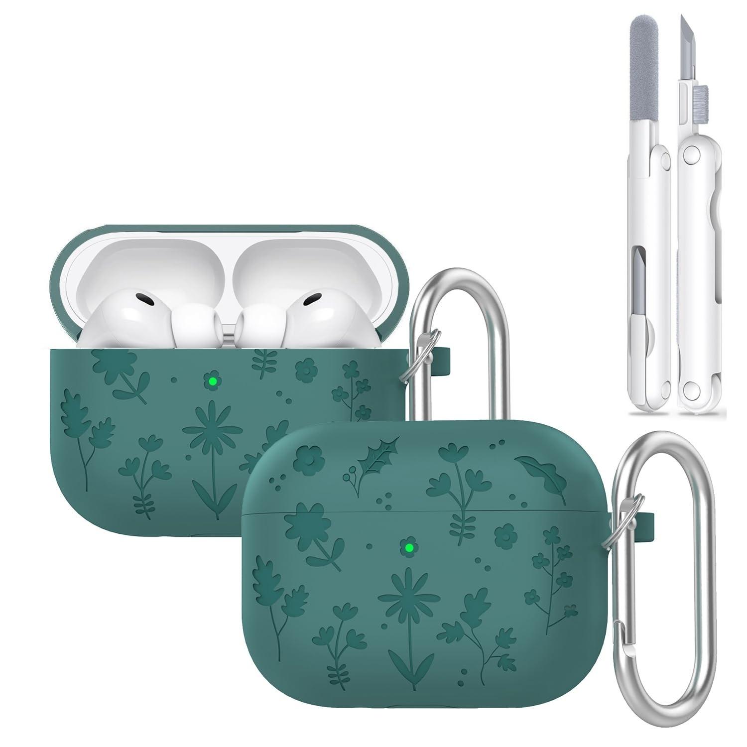 

Для AirPods Pro 3 Чохол для навушників Силіконовий з гравіюванням квітки Для AirPods Pro 3-го покоління Чохол з набором для чищення для AirPods Pro 3 For AirPods Pro 3 зелений